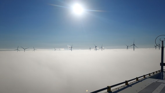 Aufnahme auf der Plattform einer Windkraftanlage. Zu sehen ist dichter Nebel und andere Windräder. © Phil-Luca Kebernick Foto: Phil-Luca Kebernick