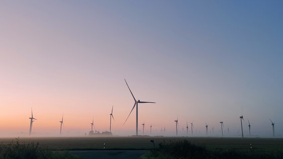 Viele Windräder stehen mit den Füßen in Nebelschwaden, während die Sonne aufgeht. © Ralf Kröger Foto: Ralf Kröger