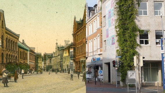 Ein historisches Foto vom Schleswiger Stadtweg (l) überlappt von einem aktuellen Foto des Stadtweges. © Stadtarchiv Schleswig 