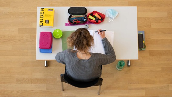 Eine Schülerin sitzt während einer Abiturprüfung an einem Schreibtisch. © dpa Foto: Sebastian Kahnert