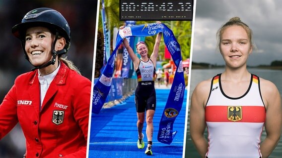 Eine Collage von drei Sportlerinnen zur Wahl der Sportlerin des Jahres 2023 in Schleswig-Holstein. © picture alliance: Uwe Anspach (links) / picture alliance: abaca | Middle East Images (mitte) / DRV (rechts) Foto: picture alliance: Uwe Anspach (links) / picture alliance: abaca | Middle East Images (mitte) / DRV (rechts)