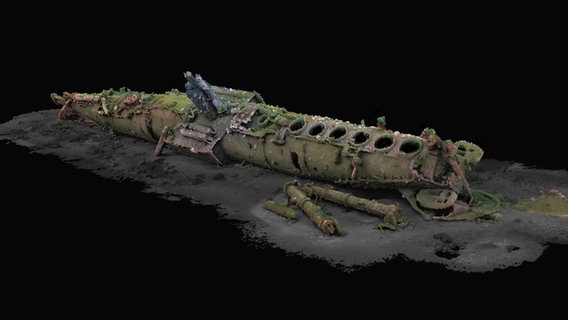 Helgoland: Eine 3D-Illustration zeigt das 3D-Modell des 1919 vor Helgoland gesunkenen U-Boots «UC 71». © 3DVisLab und Submaris/dpa 