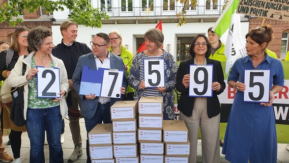 Die Volksinitiative "Rettet den Bürgerentscheid!" übergibt 27.595 Unterschriften vor dem Kieler Landtag. © NDR Foto: Carsten Salzwedel