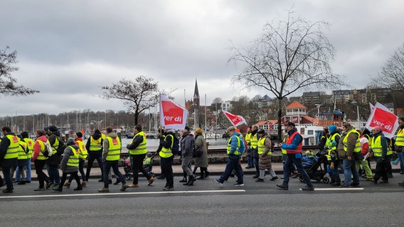 Gruppe Demonstrierender des ver.di Warnstreiks zieht von rechts nach links durch das Bild © NDR Foto: Frank Goldenstein