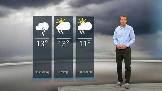 NDR Moderator Meeno Schrader steht im Studio mit der Wettervorhersage © NDR 