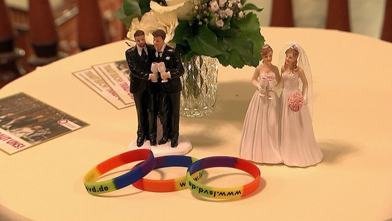 Auf einem Tisch stehen zwei Brautpaare als Figuren. © NDR 
