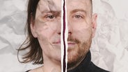 Zwei montierte Gesichtshälften vor zerknittertem Papier-Hintergrund: Lea und Bernd (2. Staffel) © NDR 2 Foto: Niklas Kusche