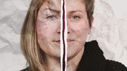 Zwei montierte Gesichtshälften vor zerknittertem Papier-Hintergrund: Mandy und Janine (2. Staffel) © NDR 2 Foto: Niklas Kusche