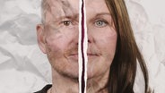Zwei montierte Gesichtshälften vor zerknittertem Papier-Hintergrund: Claudia und Marcel (2. Staffel) © NDR 2 Foto: Niklas Kusche