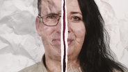 Zwei montierte Gesichtshälften vor zerknittertem Papier-Hintergrund: Luiza und Andreas (2. Staffel) © NDR 2 Foto: Niklas Kusche
