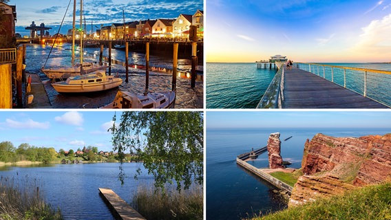 Eure Lieblingsorte im Norden: Der Husumer Hafen, der Timmendorfer Strand, der Plätlinsee und die lange Anna auf Helgoland. Eure Lieblingsorte im Norden: Der Husumer Hafen, der Timmendorfer Strand, der Plätlinsee und die lange Anna auf Helgoland. © picture alliance Foto: Husumer Hafen: blickwinkel, S. Ziese / Timmendorfer Strand: Westend61, pure.passion.photography / Plätlinsee: Shotshop, Karin Jähne / Helgoland: Shotshop, robra