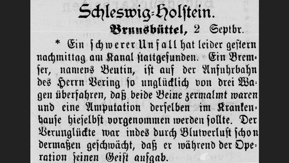 Meldung aus der "Kanal-Zeitung" vom 3. September 1891 über einen schweren Unfall mit Todesfolge. © Stadtarchiv Brunsbüttel, Kanalzeitung 03.09.1891 gray0479 