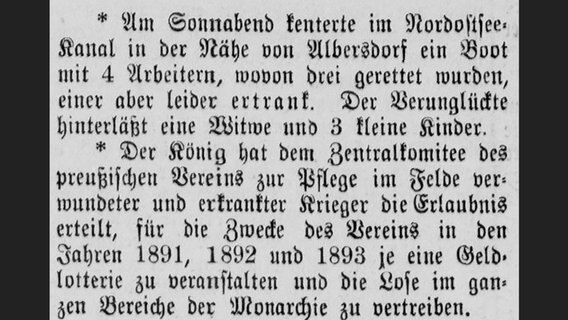 Meldung aus der "Kanal-Zeitung" vom 13. Juni 1891 über einen Bootsunglück. © Stadtarchiv Brunsbüttel, Kanalzeitung 13.06.1891 gray0410 