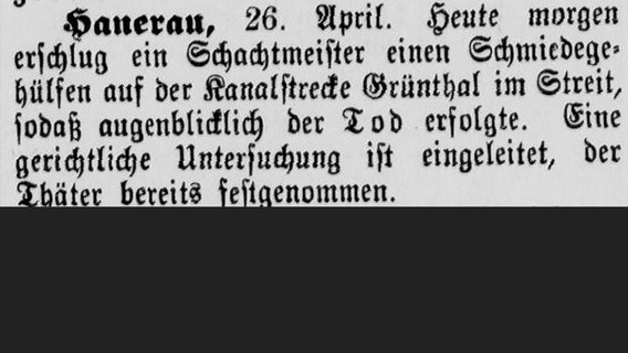 Meldung aus der "Kanal-Zeitung" vom 30. April 1891 über einen tödlichen Streit. © Stadtarchiv Brunsbüttel, Kanalzeitung 30.04.1891 gray0374 