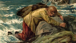 Robinson Crusoe wird nach dem Schiffbruch an die Insel geschwemmt, Illustration: John Dawson, 1891 © picture-alliance / 91020/UA/WHA 