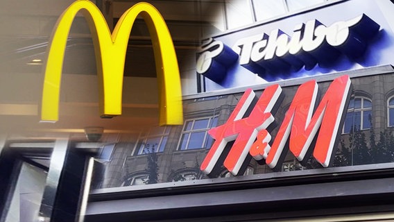 Drei Logos sind im Bild zu sehen. Links das Logo von McDonalds, rechts oben das Logo von Tchibo und links unten das Logo von H&M. © NDR 
