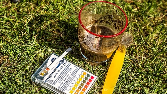 Ein Glas mit aufgelöster Erde steht neben einem pH-Wert-Messstreifen-Set im Gras. © NDR Foto: Udo Tanske