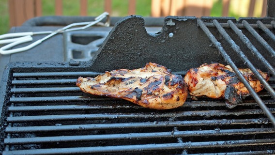 Zwei Hähnchenbrustfilets mit verbrannten Stellen auf einem Grillrost © colourbox 