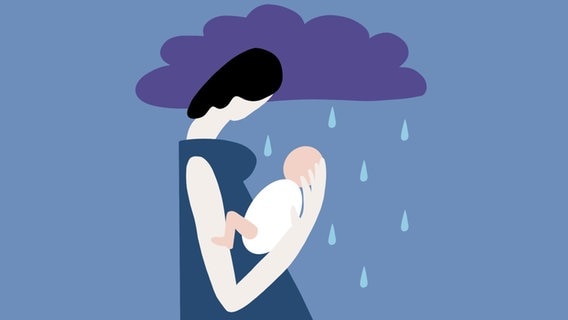 Illustration einer Schwangeren mit einem Baby im Arm. Darüber hängt eine Wolke, aus der es regnet. © NDR / Rosanna Staus Foto: Rosanna Staus
