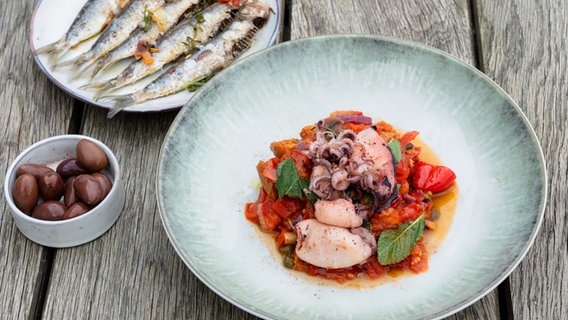 Dakos-Salat mit Tintenfisch und Sardinen auf einem Teller serviert. © NDR Foto: Tarik Rose
