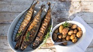 Gegrillte Makrelen mit Kräutern in einer Auflaufform. © NDR Foto: Claudia Timmann