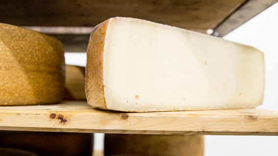 Ein großes Stück Käse der Sorte Apres Soleil Alter Schweizer in einem Holzregal © NDR Foto: Claudia Timmann