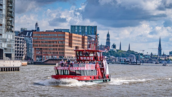 Eine Fähre im Hamburger Hafen vor der Silhouette der Stadt. © imago images/Jürgen Ritter 