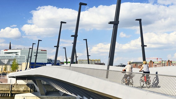 Zwei Radfahrer auf der Baakenhafenbrücke in der Hamburger Hafencity. © C.Ohde/Bildagentur-online 