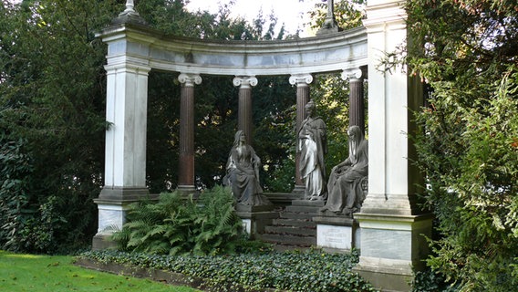 Grabmal mit drei lebensgroßen Figuren auf dem Friedhof Engesohde in Hannover. © NDR Foto: Axel Franz