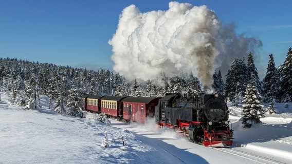 Die Brockenbahn fährt dampfend durch eine Winterlandschaft. © fotolia Foto: Christian Spiller