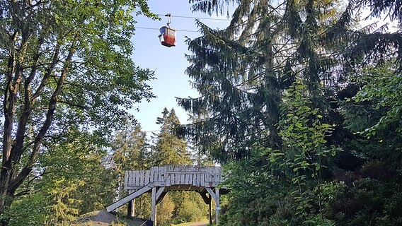 Ein Wanderweg in Hahnenklee führt unter einer Holzbrücke hindurch. Darüber schwebt eine Seilbahn. © NDR Foto: Kathrin Weber