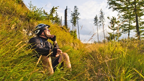 Ein Radfahrer im Harz sitzt für eine Pause im Gras. © TourismusMarketing Niedersachsen GmbH Foto: Maruba b.V. Sports Publishers