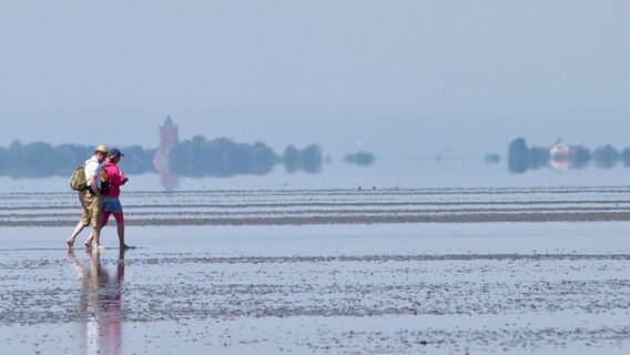 Zwei Urlauber wandern durchs Watt vor der Insel Neuwerk © Nordseeheilbad Cuxhaven GmbH 