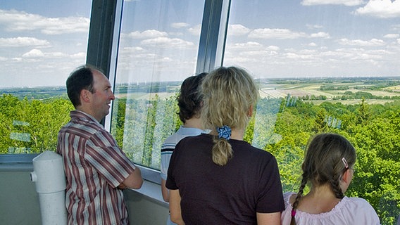 Vier Personen schauen vom Aussichtsturm Deutscher Olymp auf die Landschaft der Wingst. © Tourismuszentrale Wingst der SG Am Dobrock 