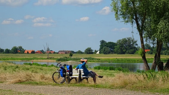 Ein Fahrradfahrer  sitzt auf einer Bank am Elbufer bei Hitzacker. © NDR Foto: Irene Altenmüller