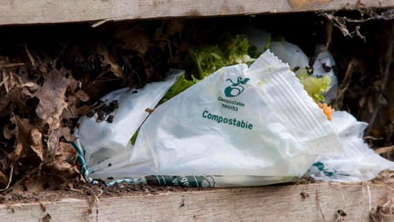 Ein kompostierbarer Plastikbeutel liegt inmitten von Biomüll auf einem Komposthaufen. © picture alliance / imageBROKER | Angela Hampton/FLPA Foto: Angela Hampton/FLPA