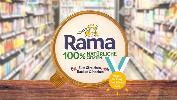 Ein Becher Rama-Streichfett vor einem Supermarktregal, daneben steht "Mogelpackung des Jahres" 2022. © Verbraucherzentrale Hamburg, Unsplash.com 