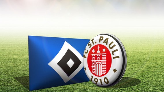 Die Logos der Fussballvereine HSV und FC St. Pauli auf grünem Rasen © Fotolia Foto: by-studio