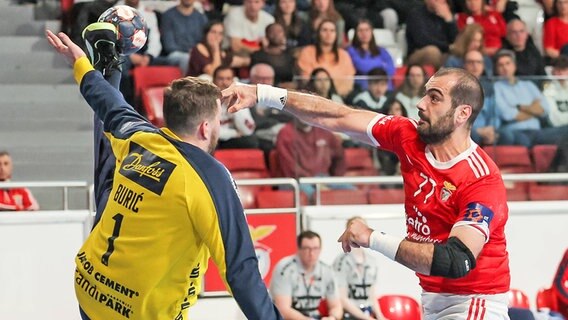 Keeper Benjamin Buric (l.) von der SG Flensburg im Duell mit Vladimir Vranjes von Benfica Lissabon © IMAGO / GlobalImagens 